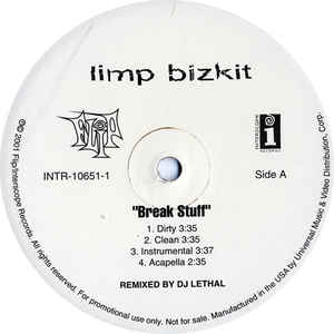 Limp Bizkit ‎– Break Stuff / Crushed - VG+ 12" Single Record 2001 USA Promo Vinyl - Rock / Nu Metal - Shuga Records