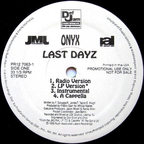 Onyx – Last Dayz / All We Got Iz Us (Evil Streets) - Mint- 12" Single Record 1995 JMJ Vinyl - Hip Hop