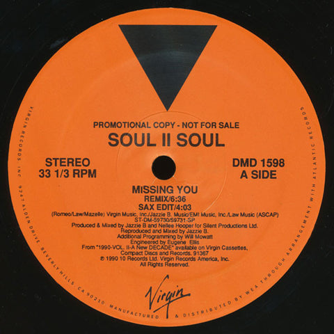 Soul II Soul ‎– Missing You - VG+ 12" Single 1990 USA - House