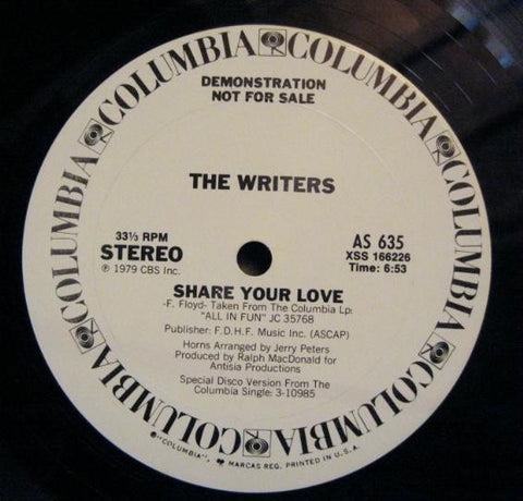 The Writers – Share Your Love - VG+ Promo 12" Single Record 1979 Columbia