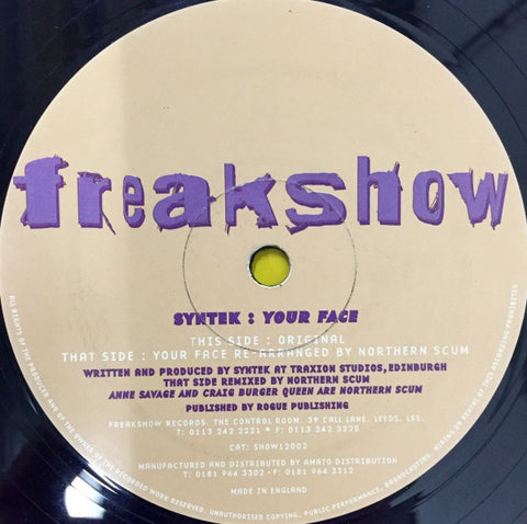 Syntek – Your Face - New 12" Single Record 1998 Freakshow UK Vinyl - Hard House