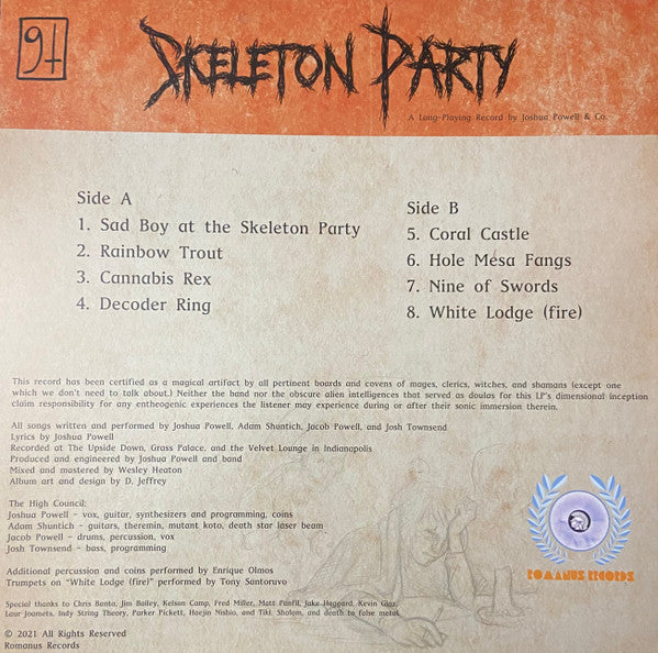 Joshua Powell – Skeleton Party - New LP Record 2021 Romanus Clear w/ Black and Orange Splatter - Indie Rock / Psychedelic Rock - Shuga Records