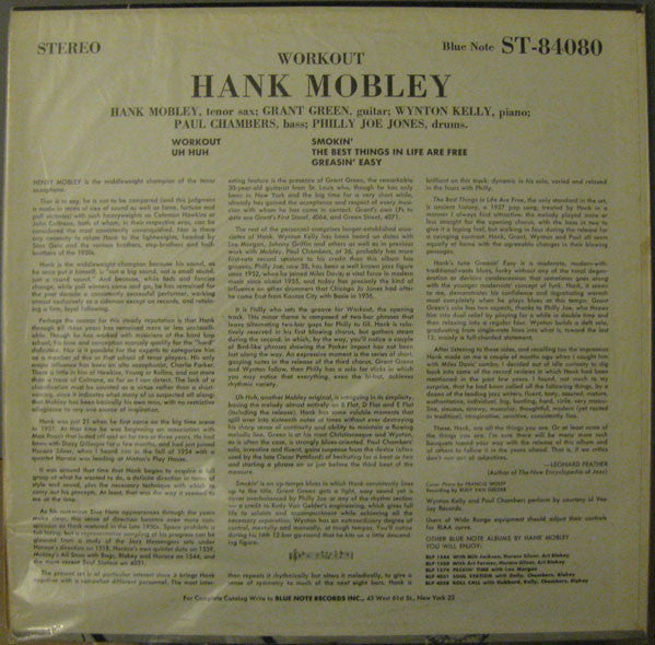 Hank Mobley – Workout - VG+ LP Record 1962 Blue Note Stereo USA NYC RVG P Vinyl - Jazz / Hard Bop - Shuga Records