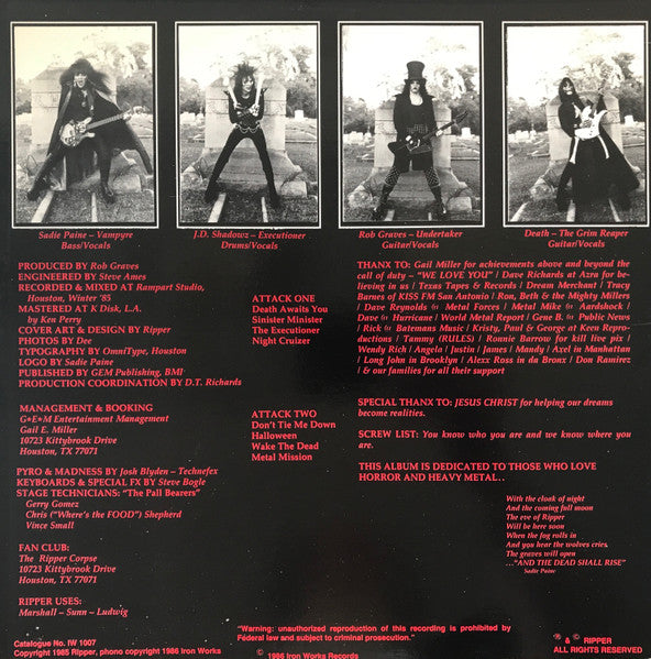 Ripper – ... And The Dead Shall Rise - Mint- LP Record 1986 Iron Works USA Vinyl - Heavy Metal - Shuga Records
