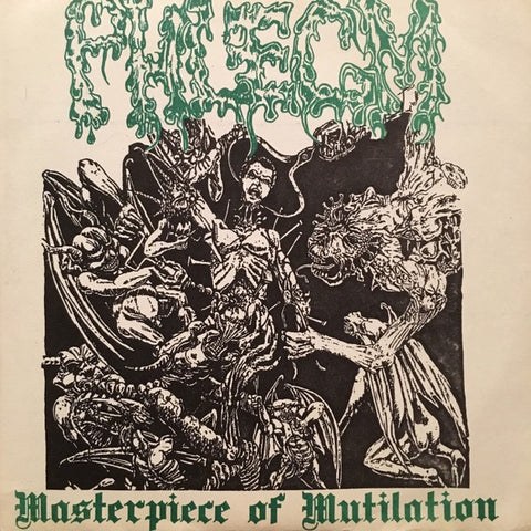 Phlegm – Masterpiece Of Mutilation - Mint- 7" EP Record 1991 Rotten USA Vinyl & 4x Inserts - Death Metal / Grindcore