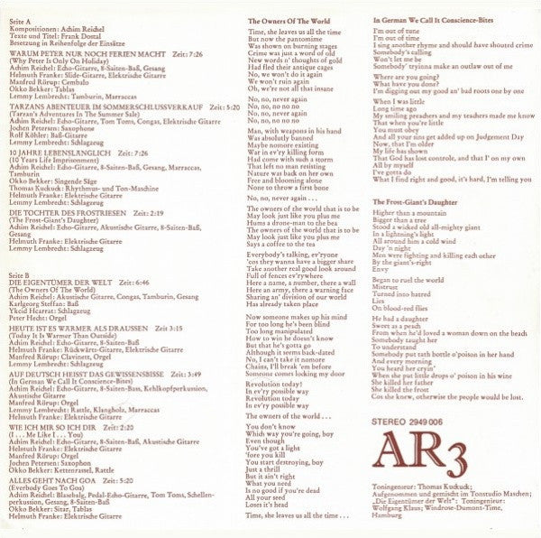 A.R. – AR3 - Mint- LP Record 1972 Zebra Germany Vinyl - Krautrock / Prog Rock / Experimental - Shuga Records