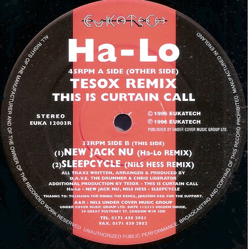 Ha-Lo – This Is Curtain Call (Remixes) - Mint- 12" Single Record 1996 Eukatech Vinyl - Techno / Acid