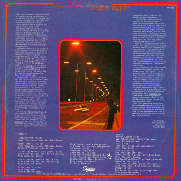 Nick Drake – Bryter Layter (1971) - Mint- LP Record 1978 Antilles USA Vinyl - Rock / Folk Rock - Shuga Records