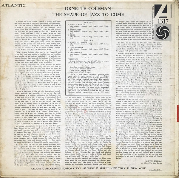 Ornette Coleman – The Shape Of Jazz To Come - VG+ LP Record 1959 Atlantic USA Mono Original Vinyl - Jazz / Free Jazz - Shuga Records