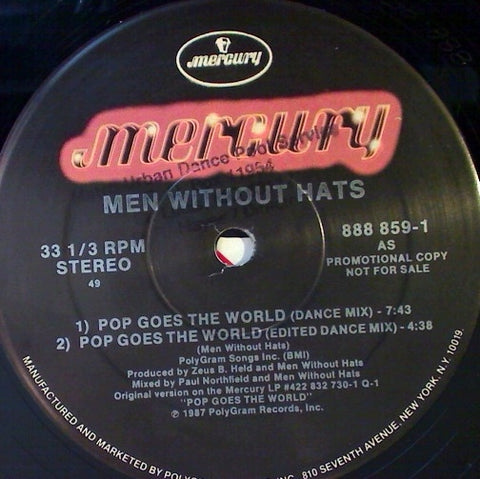 Men Without Hats – Pop Goes The World - VG+ 12" Single Record 1987 Mercury USA Promo Vinyl - Pop Rock / Synth-pop