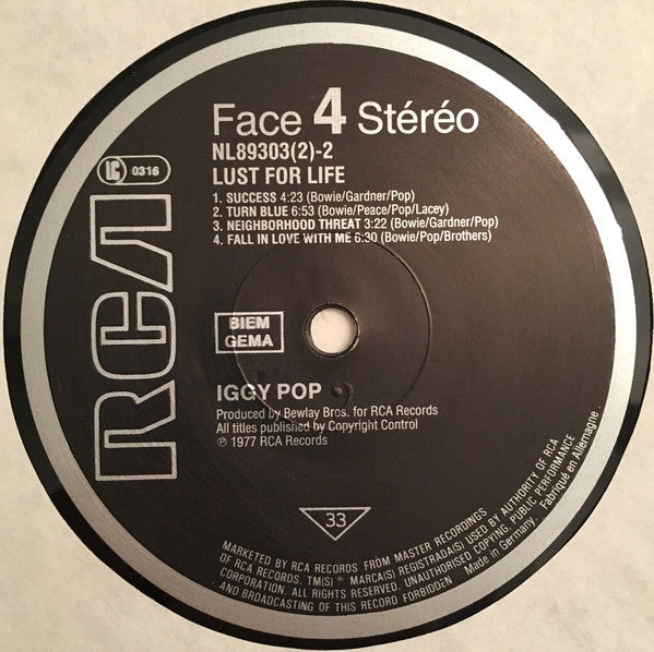 Iggy Pop ‎– Lust For Life VG+ (NO Original Cover or LP #1 of set) 1983 RCA Compilation Germany - Rock - Shuga Records