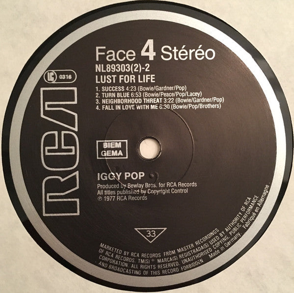 Iggy Pop ‎– Lust For Life VG+ (NO Original Cover or LP #1 of set) 1983 RCA Compilation Germany - Rock
