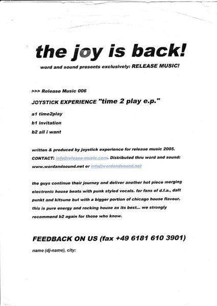 Joystick Experience ‎– Time 2 Play E.P. - Mint- 12" Single Record 2005 Release Music German Import Test Pressing Promo Vinyl & Insert - Breakbeat / Electro / New Wave