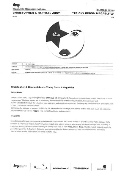 Christopher + Raphael Just ‎– Tricky Disco / Megablitz - VG+ 12" Single Record 2005 German Import White Label Promo Vinyl & Press sheet - House - Shuga Records