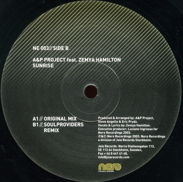 A&P Project Feat. Zemya Hamilton – Sunrise - New 12" Single Record 2003 Nero Sweden Vinyl - House - Shuga Records
