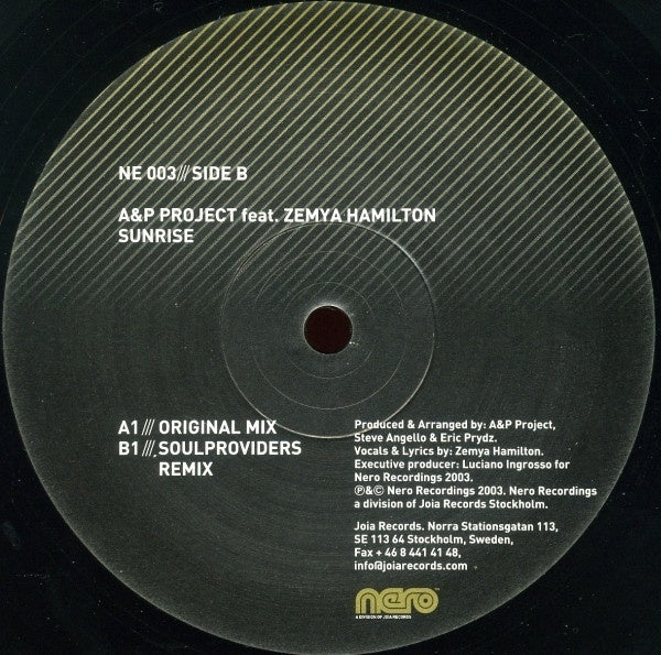 A&P Project Feat. Zemya Hamilton – Sunrise - New 12" Single Record 2003 Nero Sweden Vinyl - House