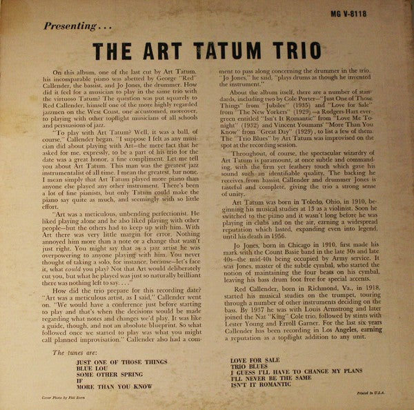 The Art Tatum Trio – Presenting... The Art Tatum Trio - VG LP Record 1957 Verve USA Mono Vinyl - Jazz / Swing - Shuga Records