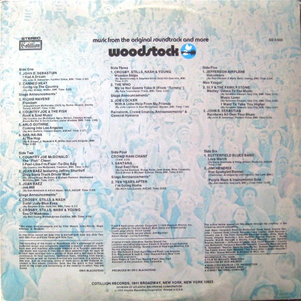 Various - Woodstock - Music From The Original Soundtrack And More - VG+ 3 LP Record 1970 Cotillion USA Original Vinyl - Rock / Soul / Folk / Psychedelic / Funk / Blues Rock / Country Rock - Shuga Records