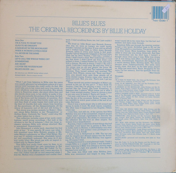 Billie Holiday ‎– Billie's Blues (The Original Recordings By Billie Holiday)(1973) - VG+ Lp Record 1980 CBS USA Vinyl - Jazz / Blues / Vocal