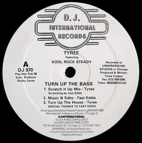 Tyree Featuring Kool Rock Steady – Turn Up The Bass - VG+ 12" Single Record 1988 D.J. International USA Vinyl - Chicago House / Acid House