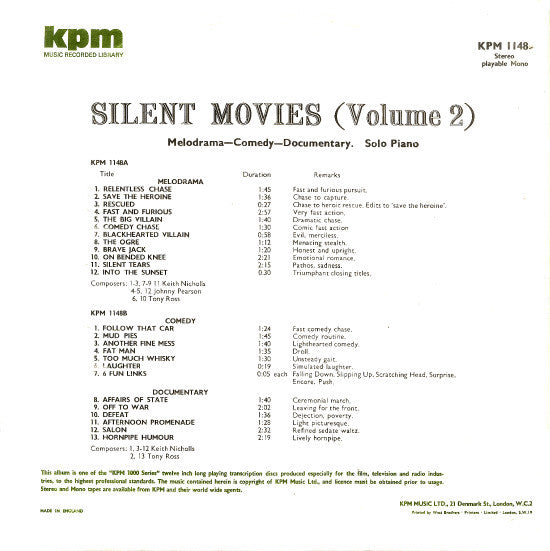 Various – Silent Movies (Volume 2) - VG+ LP Record 1975 KPM Music UK Import Vinyl - Jazz / Big Band / Score - Shuga Records