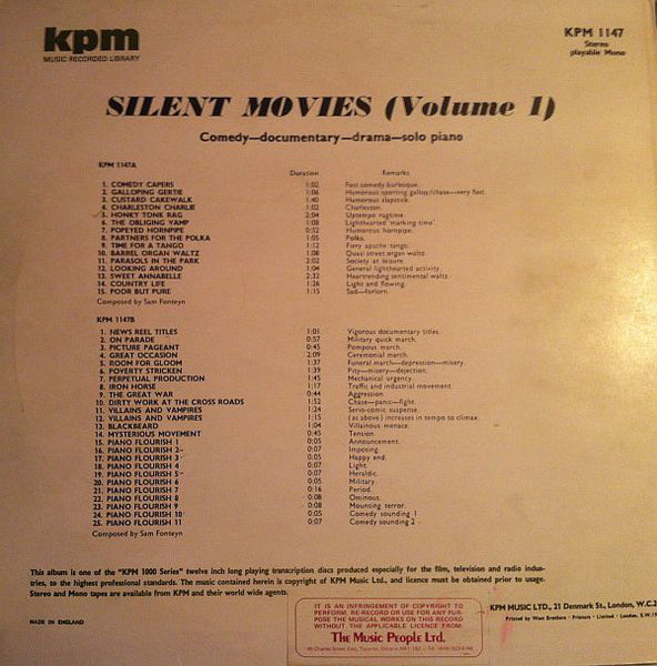 Various – Silent Movies (Volume 1) - VG+ LP Record 1975 KPM Music UK Import Vinyl - Jazz / Big Band / Score