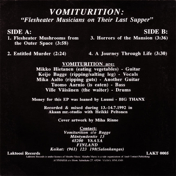 Vomiturition – Flesheater Musicians On Their Last Supper - VG+ 7" EP Record 1993 Laktoosi Finland Vinyl & 6x Inserts - Death Metal - Shuga Records