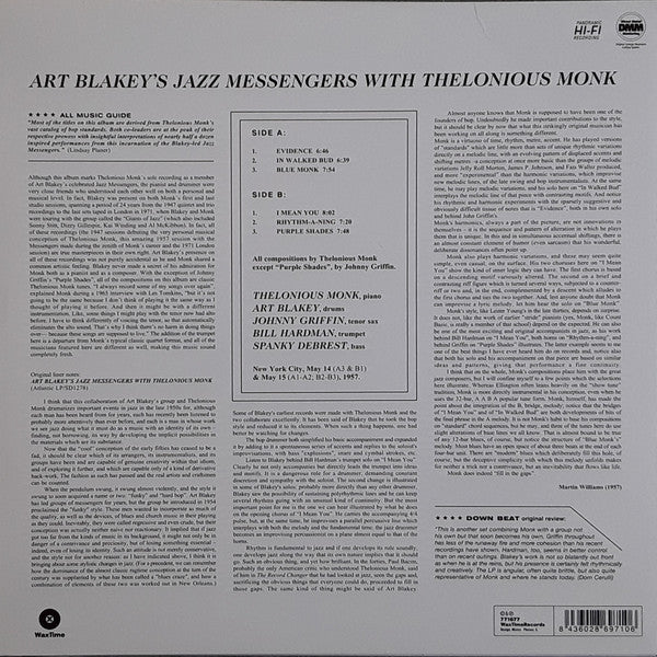 Art Blakey's Jazz Messengers With Thelonious Monk ‎– Art Blakey's Jazz Messengers With Thelonious Monk (1958) - New LP Record 2020 WaxTime Europe Import 180 gram Vinyl - Jazz / Hard Bop - Shuga Records