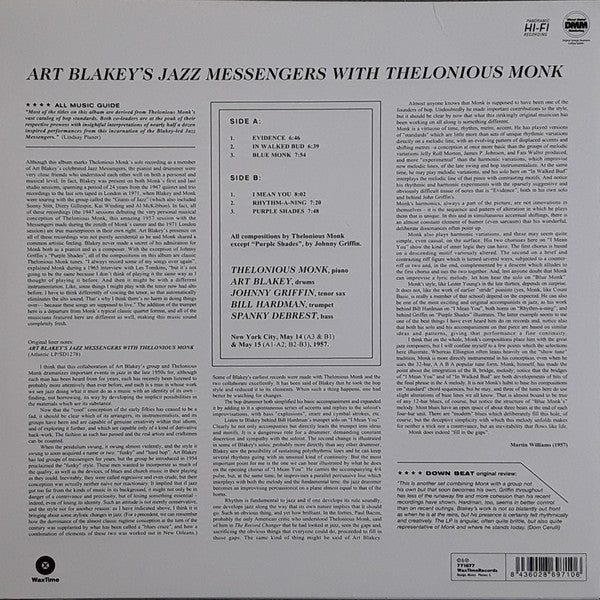 Art Blakey's Jazz Messengers With Thelonious Monk ‎– Art Blakey's Jazz Messengers With Thelonious Monk (1958) - New LP Record 2020 WaxTime Europe Import 180 gram Vinyl - Jazz / Hard Bop