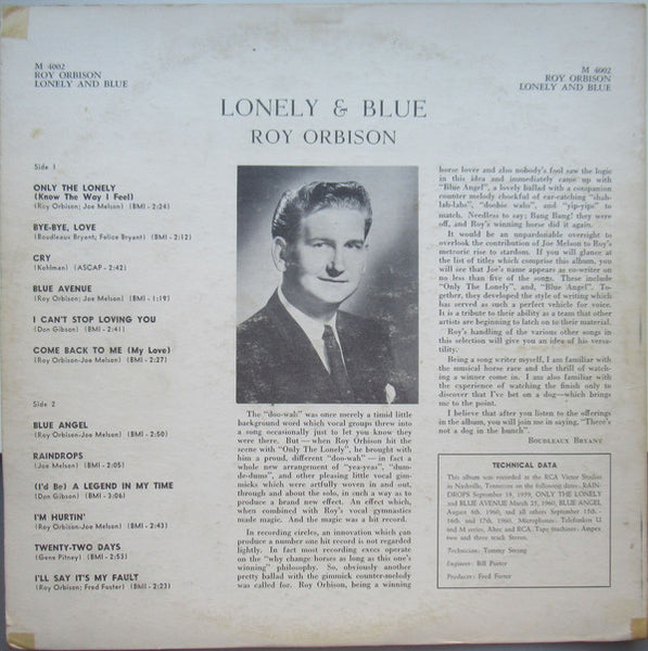 Roy Orbison – Lonely And Blue - VG LP Record 1961 Monument USA Mono Vinyl - Rock & Roll - Shuga Records