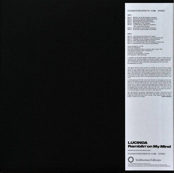 Lucinda Williams ‎– Ramblin' On My Mind (1979) - Mint- LP Record 2009 Folkways USA Vinyl - Folk Rock - Shuga Records
