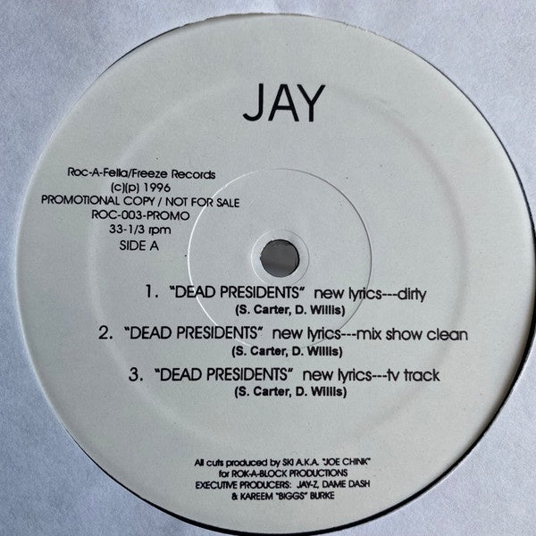 Jay (Jay-Z) – Dead Presidents / Ain't No Nigg@ - VG+ 12" Single Record 1996 Roc-A-Fella USA Promo Misprint Vinyl - Hip Hop