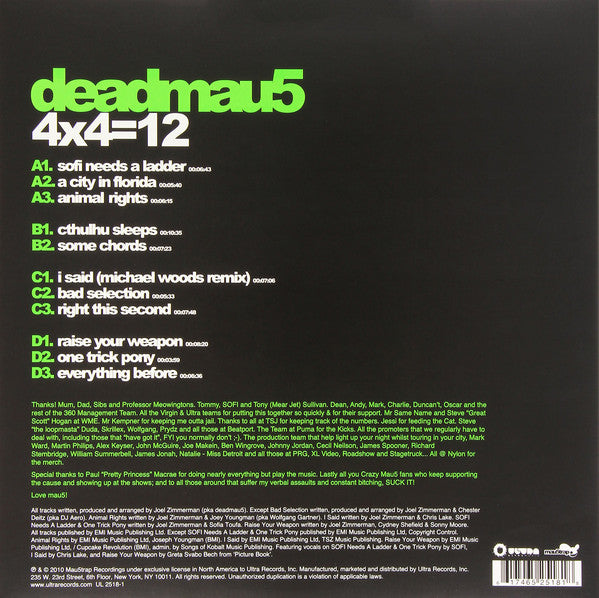 Deadmau5 ‎– 4x4=12 - New 2 LP Record 2011 Ultra Music USA Black Vinyl - Electronic / Electro House / Dubstep