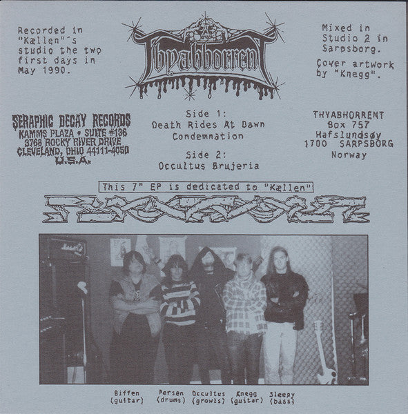 Thyabhorrent – Death Rides At Dawn - Mint- 7" EP Record 1990 Seraphic Decay USA White Vinyl - Death Metal - Shuga Records