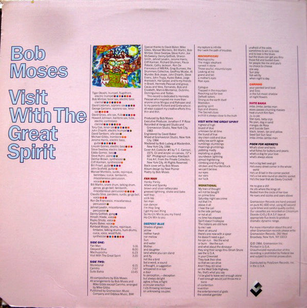 Bob Moses – Visit With The Great Spirit - VG+ LP Record 1984 Gramavision USA Vinyl - Jazz