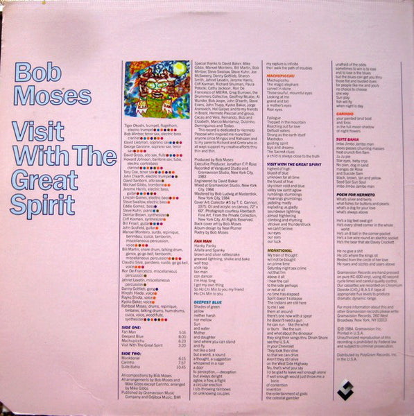 Bob Moses – Visit With The Great Spirit - VG+ LP Record 1984 Gramavision USA Vinyl - Jazz - Shuga Records
