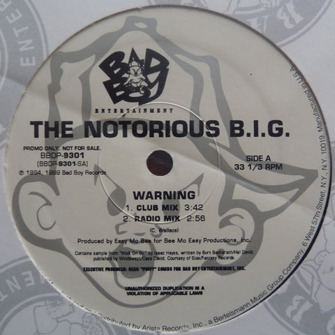 The Notorious B.I.G. ‎– Warning  - VG+ 12" Single Record 1999 Bad Boy USA Promo Vinyl - Hip Hop