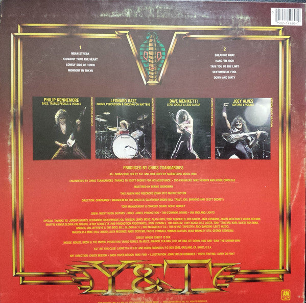 Y & T – Mean Streak - VG+ LP Record 1983 A&M USA Vinyl - Hard Rock / Heavy Metal - Shuga Records