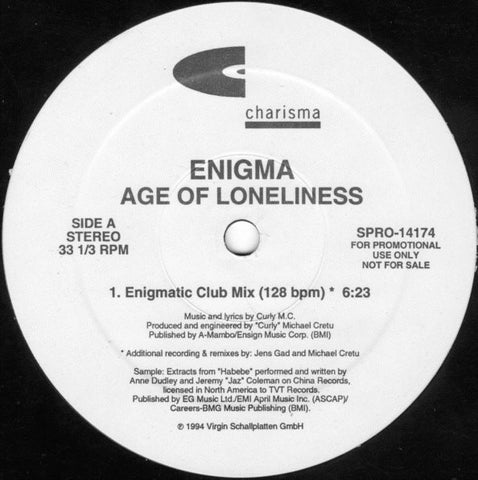 Enigma – Age Of Loneliness - 12" Single Record 1994 Charisma Promo Vinyl - Trance