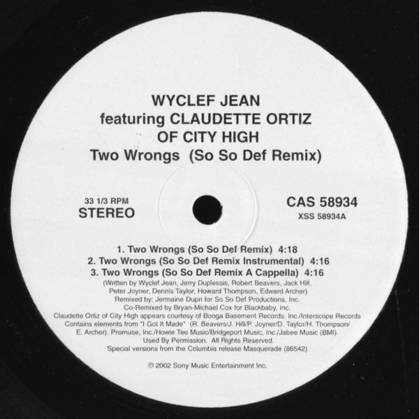 Wyclef Jean – Two Wrongs (So So Def Remix) - New 12" Single 2002 USA Columbia Vinyl - Hip Hop - Shuga Records