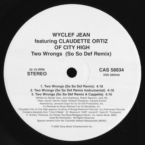 Wyclef Jean – Two Wrongs (So So Def Remix) - New 12" Single 2002 USA Columbia Vinyl - Hip Hop