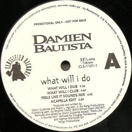 Damien Bautista – What Will I Do - VG+ 12" Promo Single Record 1994 Classified Vinyl - Freestyle