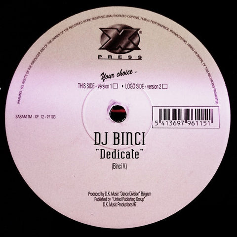 DJ Binci – Dedicate - New 12" Single Record 1997 X Press Belgium Vinyl - Techno
