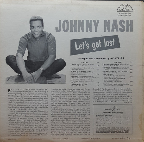Johnny Nash – Let's Get Lost - VG+ LP Record 1960 ABC-Paramount USA Mono Vinyl - Soul / Vocal /