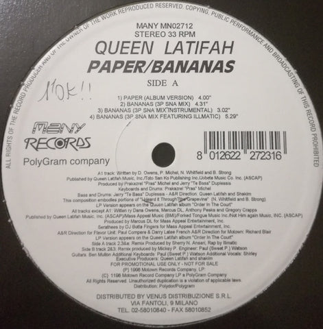 Queen Latifah – Paper / Bananas - New 12" Single Record  1998 Many Vinyl - Hip Hop / Conscious