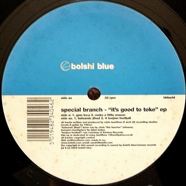 Special Branch – "It's Good To Toke" EP - New 12" Single Record 2002 Bolshi Blue UK Vinyl - Breaks / Downtempo - Shuga Records