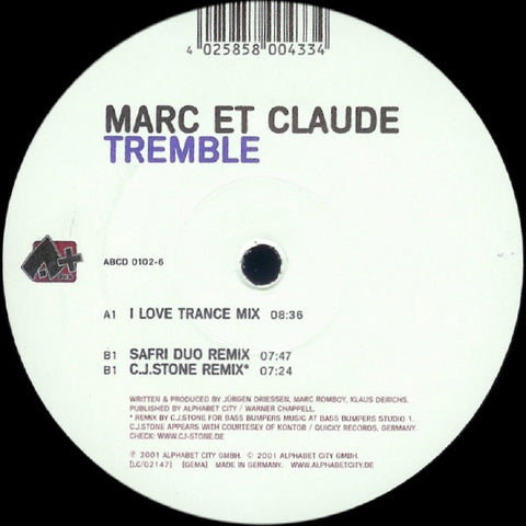 Marc Et Claude – Tremble - New 12" Single Record 2001 Alpha+ Germany Vinyl - Trance
