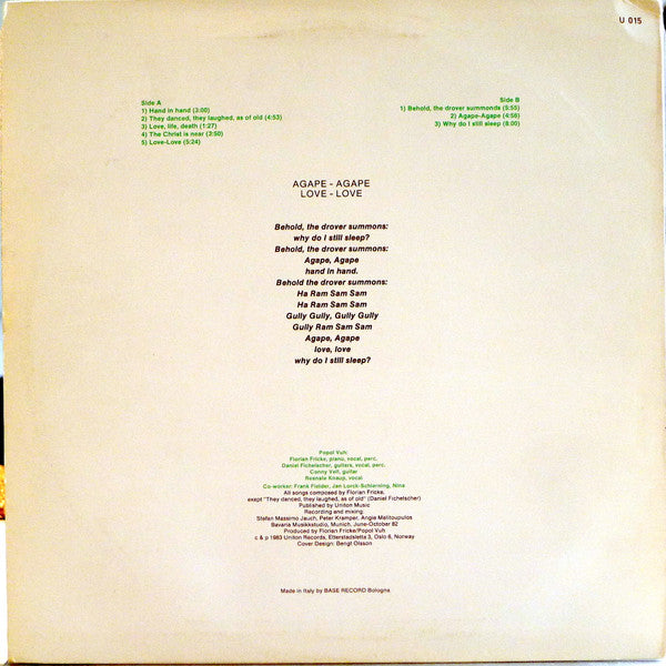 Popol Vuh – Agape - Agape, Love - Love - Mint- LP Record 1984 Base Italy Vinyl - Krautrock / Psychedelic Rock / Electronic - Shuga Records