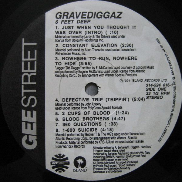 Gravediggaz – 6 Feet Deep - VG+ LP Record 1994 Gee Street Island USA Original Vinyl - Hip Hop - Shuga Records