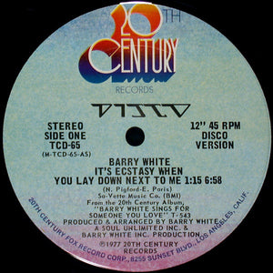 Barry White ‎– It's Ecstasy When You Lay Down Next To Me - VG+ 12" Single USA 1977 - Disco